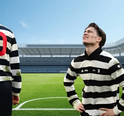 Piłkarze Juventus z opuszczonymi głowami po dramatycznym meczu Ligi Mistrzów, w tle stadion.