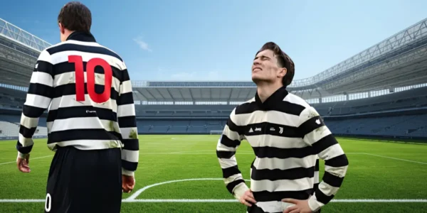Piłkarze Juventus z opuszczonymi głowami po dramatycznym meczu Ligi Mistrzów, w tle stadion.