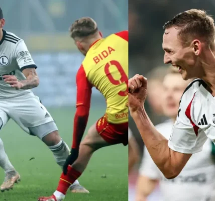 Mileta Rajović celebruje zwycięską bramkę dla Legia Warszawa podczas meczu Ekstraklasy przeciwko Cracovia.