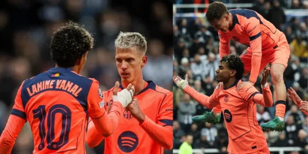 Robert Lewandowski podczas meczu Newcastle – Barcelona, gdy Lamine Yamal strzela karnego w 96. minucie.