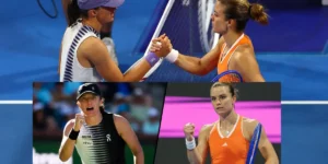 Iga Świątek celebrates a point against Maria Sakkari during their match at the Indian Wells Open 2026.