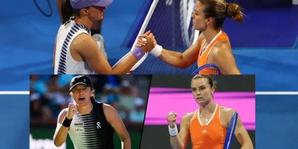 Iga Świątek celebrates a point against Maria Sakkari during their match at the Indian Wells Open 2026.