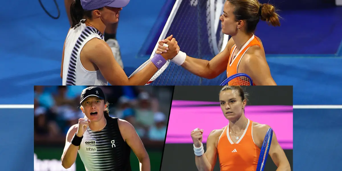 Iga Świątek celebrates a point against Maria Sakkari during their match at the Indian Wells Open 2026.