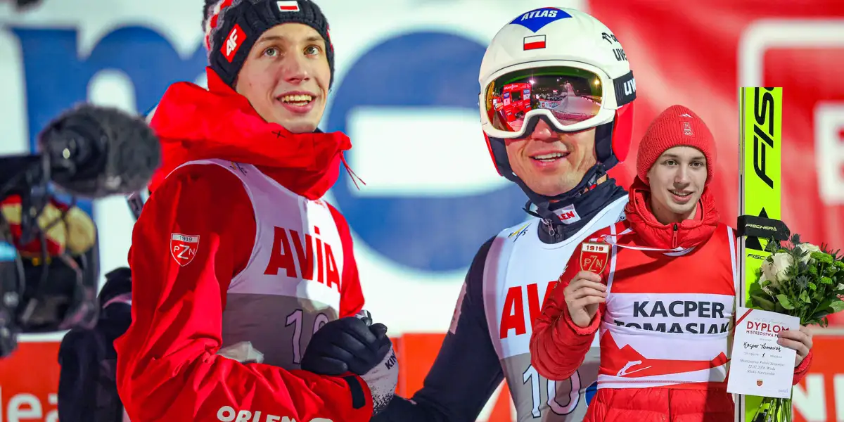 Kacper Tomasiak podczas skoku w Lillehammer na MŚ Juniorów 2026, gdzie zdobył srebro za Stephan Embacher.
