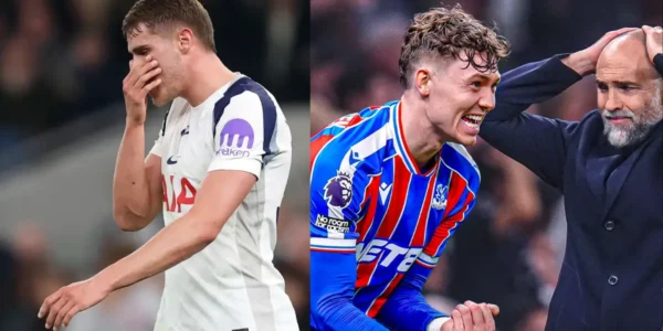 Moment czerwonej kartki dla Micky van de Ven podczas porażki Tottenham Hotspur z Crystal Palace.