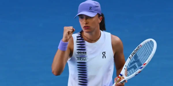 Iga Świątek reaguje podczas dramatycznego meczu z Kayla Day w turnieju BNP Paribas Open 2026 w Indian Wells Tennis Garden